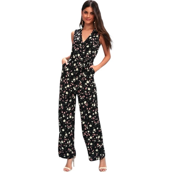 Lulus Robertson Black Floral Print Wide Leg Jumpsuit - Picture 1 of 5